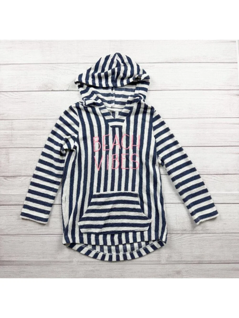 Old Navy Girls Beach Vibes Striped Hooded Pullover Navy White L 10-12